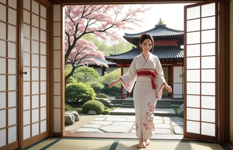 a young japanese woman in meiji era kimono performs a graceful dance as a miko (shrine maiden) at sunrise. she stands before ope...