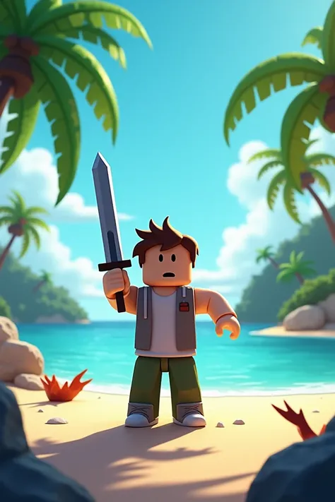 Generate an icon for my Roblox game where a noob appears holding a sword on an island in Sierta 