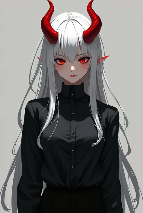 Black-skinned anime character ,  white hair and red horns, black blouse and black pants 