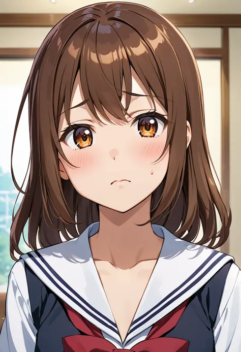 Brown hair, shoulder-length, slightly wavy, fair skin, flushed cheeks, school uniform, teenage anime girl, anime school
