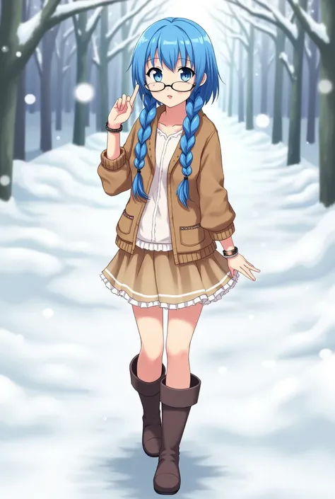 anime,  Beautiful woman,  short hair with two long blue braids,  bright blue eyes ,  light brown petticoat with white ,  boots for the cold brown color ,  light brown leather sweater with white , bracelets, glasses, In the snow in a park .