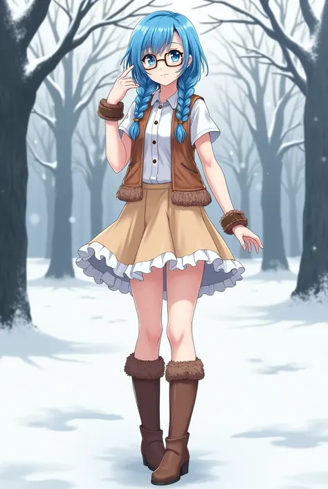 anime,  Beautiful woman,  short hair with two very long blue braids,  bright blue eyes ,  light brown petticoat with white ,  boots for the cold brown color , light brown leather vest with white , bracelets, glasses, In the snow in a park .