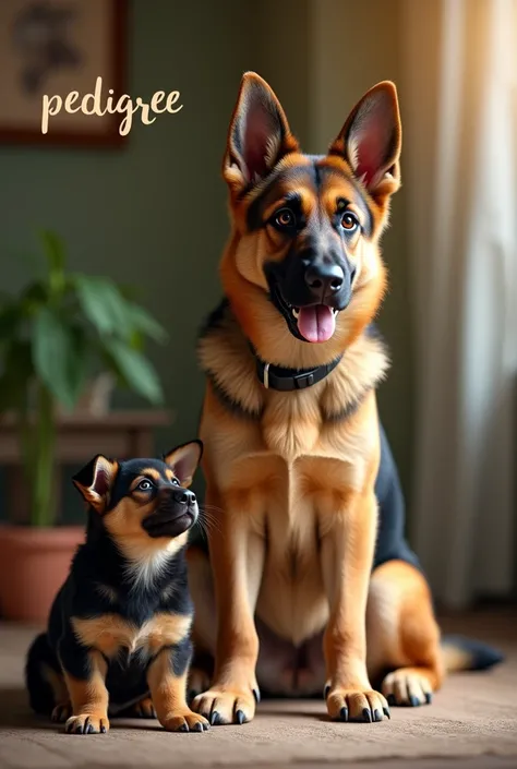 Generate an advertisement for a veterinarian , That says “PEDIGREE” in cursive letters at the top,  The image must have an adult German Shepherd pet and a puppy 