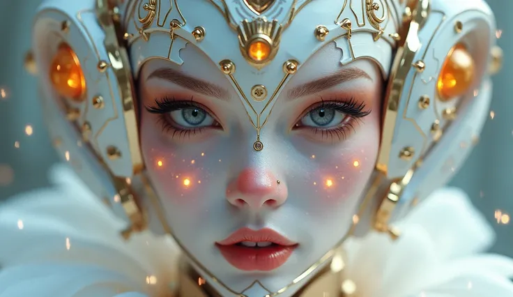 Cybernetic style (full frame)  beautiful shiny white rich galactic prima ballerina clowncore Russian cyborg student, golden section details , SKI - FI, fantasy,  Cyberpunk,  intricate , decadent,  very detailed ,  digital painting , after happily ever afte...