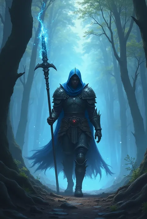  An armed warrior treks cautiously through a mysterious forest,surrounded by fragments of blue magic . Epic fantasy style .