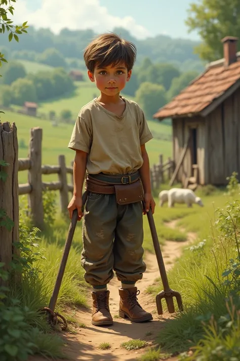 Boy working on the farm he wears humble clothes 