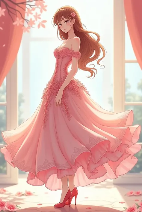 Full body Anime beautiful adult woman wearing long princess dress and hills cartoon style