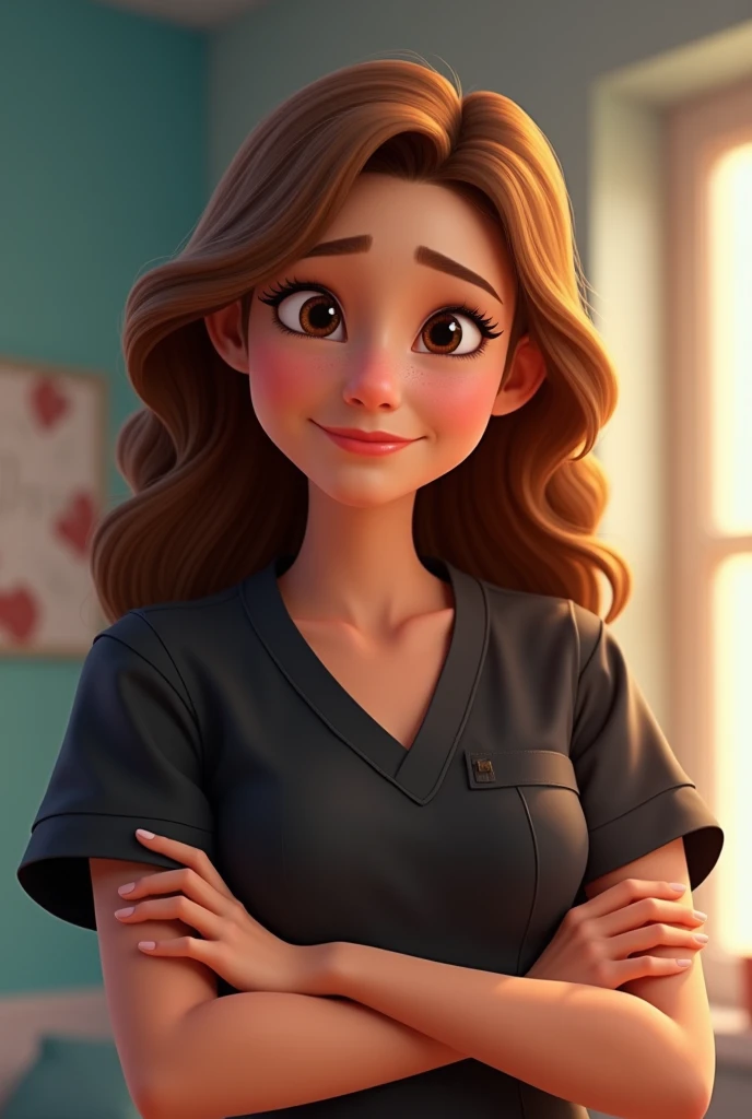 Poster Pixar Disney Woman is an occupational therapist with long light brown and curly hair, black eyes and small nose dressed in a black surgical uniform  