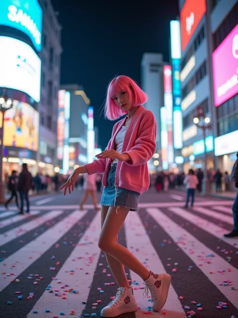 real photograph, 18 years old Jpop girl that has a y2k vibe with pink bob hair and surrounded by candy, pretty face, dancing passionately to KPOP music in the middle of an empty Shibuya Crossing at noon. The streets are deserted, illuminated by the vibrant...