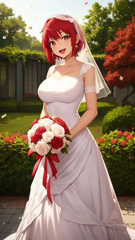 masterpiece, best quality, high quality, girl, solo, looking at viewer, enjou_retto, Red hair, Brown Eyes, large breasts, wedding dress, standing, garden, confetti, holding bouquet, smile, open mouth