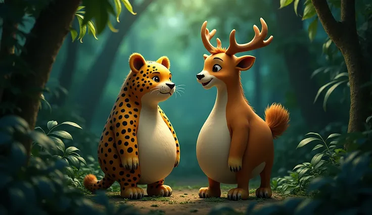 Generate an image of a dense, dark jungle. In the middle of the scene, show a chubby leopard with spots, standing next to a chubby deer with small antlers. They should both look slightly comedic due to their round bodies, creating a humorous atmosphere in ...