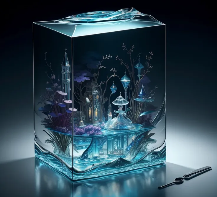  The masterpiece of glass sculpture ，Inside is the beautiful Alice in Wonderland，water，The light shines ，Fantastic， High Quality ， high detail， best quality ，，4K，8k，