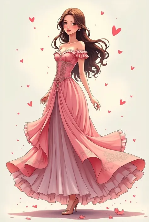 Full body Anime beautiful adult woman wearing long princess dress and hills cartoon style