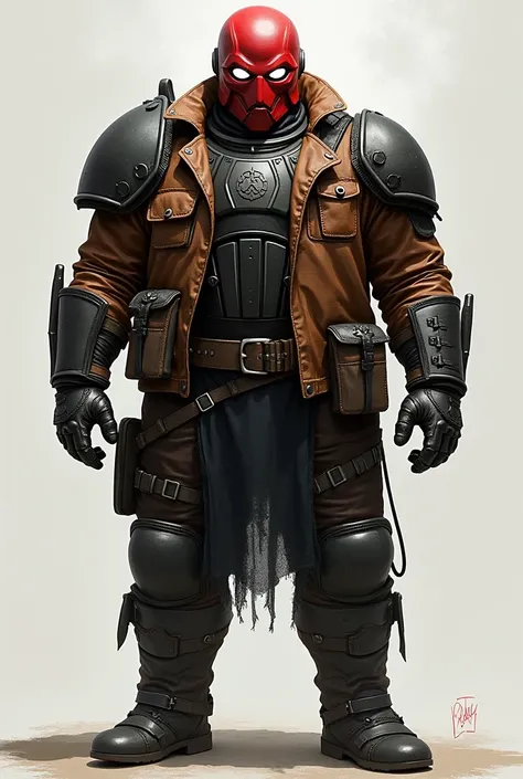 a man, red helmet with piercing white eyes, brown leather jacket, black body armor, gloves, belt, boots,