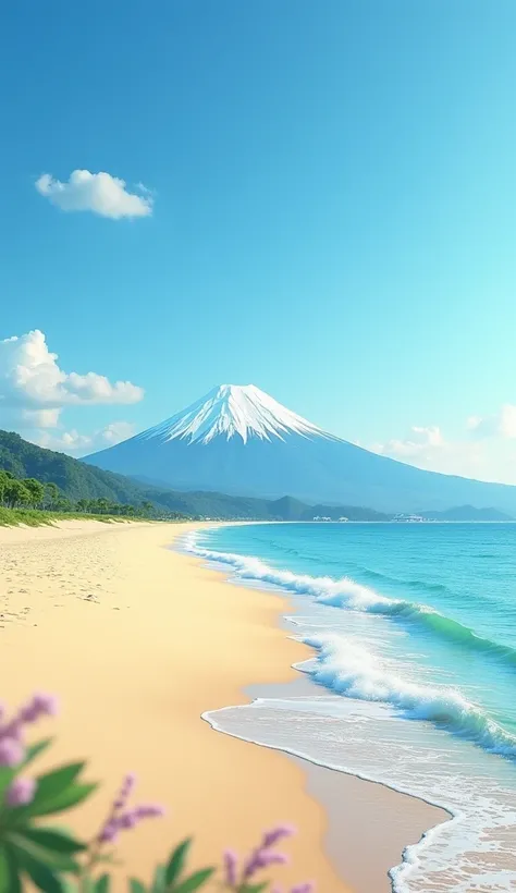 Long sandy beach、Mount Fuji、summer、As real as a photograph