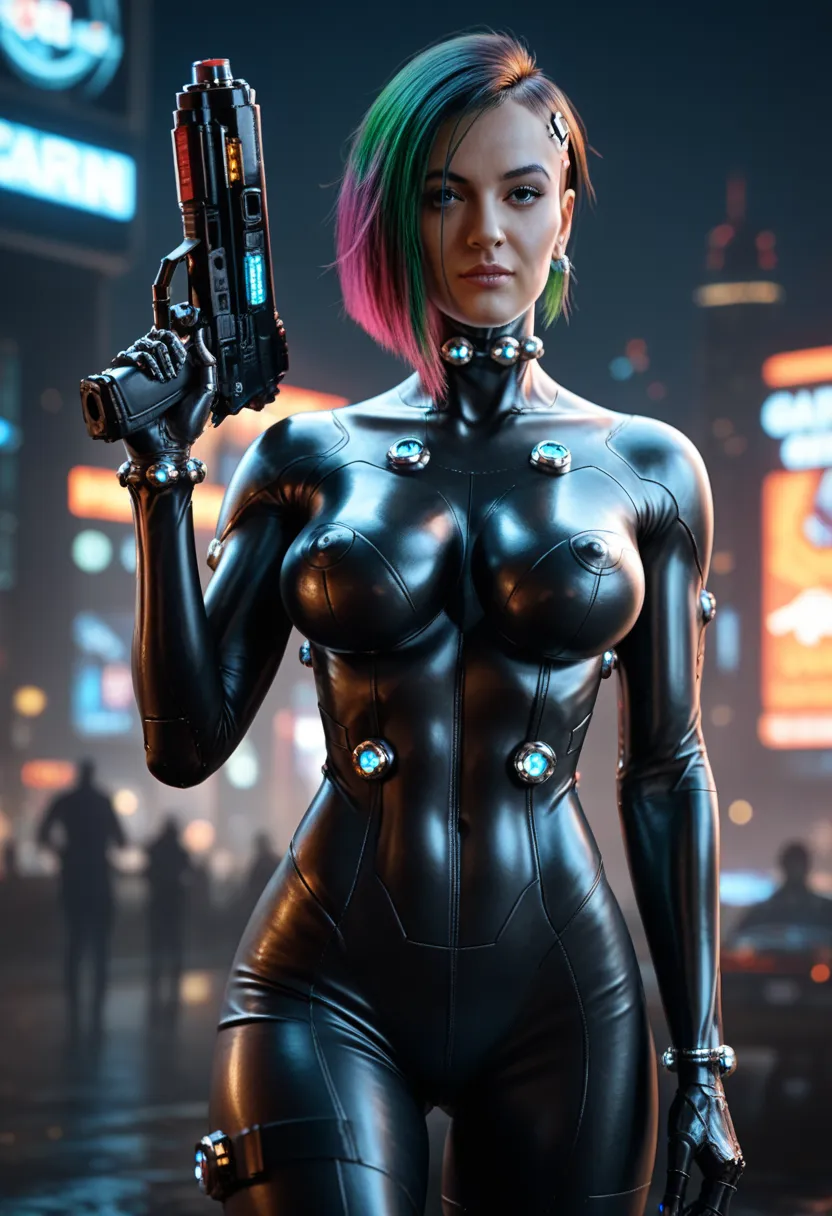 arafed woman dressed in black with a gun in her hand, reika, gantz, (shortsuit), oppai cyberpunk, perfect android girl, cyborg g...