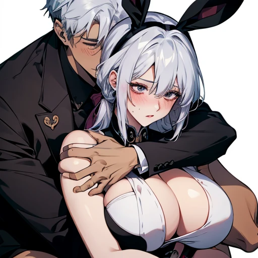 长发White hair兔女郎，black bunny costume， is hugged from behind by a man，Big breast beauty，  blush，Open your mouth，White hair，Hands on belly，被男人从背后Hold，Hold，Tickle，Touching breasts，Sitting on your lap