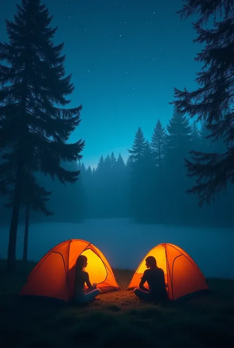  Imagine a night scene where the stars twinkle in the sky,  but the fog begins to cover everything . Friends are inside their camping tents,  looking nervously out ,  where soft shadows move through the trees . However, instead of fear ,  there is a sense ...