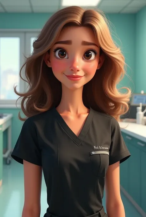 Poster Pixar Disney Woman is an occupational therapist with long curly light brown frizzy hair, black eyes and small nose dressed in a black surgical uniform  