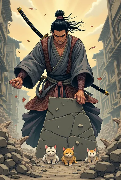 In order to save cute kittens buried in rubble 、 it looks like a samurai in chonmage form is lifting huge rubble in weightlifting form。 Ukisei、SHARAKU 