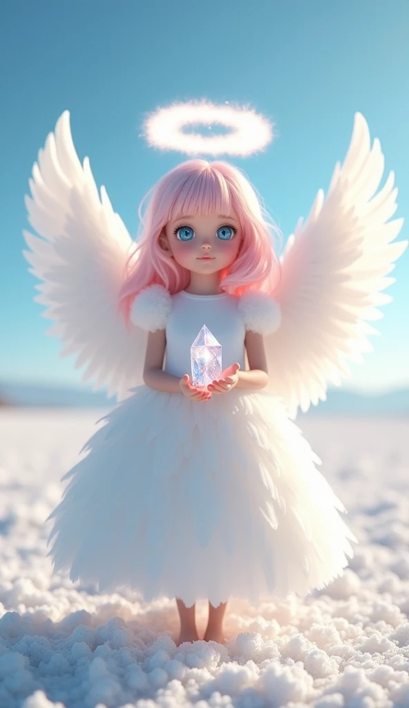  beautiful angel character： petite angel in a pure white fluffy dress、 white feathers on the back 、Light pink middle hair 、A ring of angels overhead、 my eyes shine big blue 、My smile is gentle 、 has a glowing crystal in my hand。 The background is Uyuni sal...