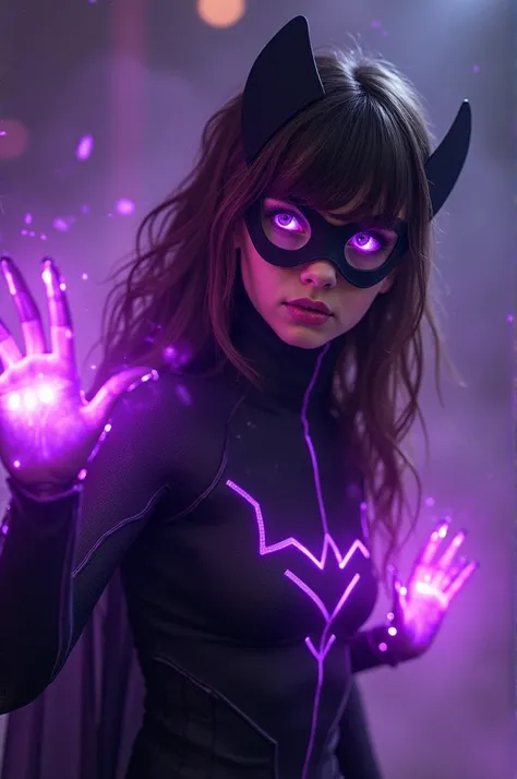 Superhero girl ,  black suit with purple .  Purple psychic powers ,  levitating and moving objects with her mind .  Her eyes shine the same color as her powers 