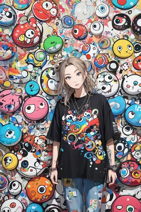 Ultra-realistic Takashi Murakami style, Simple line acronym abstract art, stylish design, Street fashion, Cute Amoeba , The background is a stylish graffiti