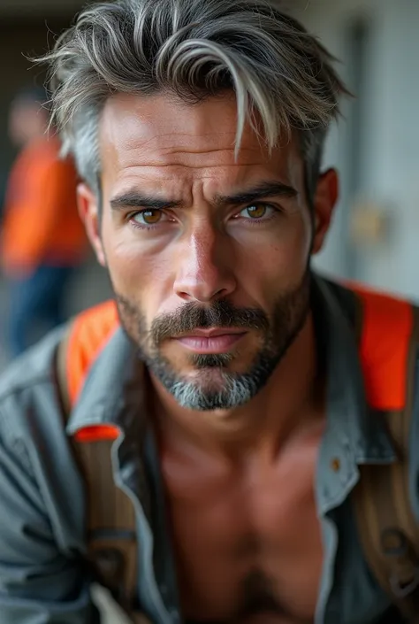 masterpiece, best quality, high resolution, closeup portrait, male focus, solo focus, A man, 25 years old, with construction worker uniform, unbuttoned work clothes, construction worker, silver grey hair, messy hairstyle, cute and seductive face, bare ches...