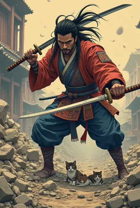 In order to save cute kittens buried in rubble 、 it looks like a samurai in chonmage form is lifting huge rubble in weightlifting form。 Ukisei、SHARAKU 