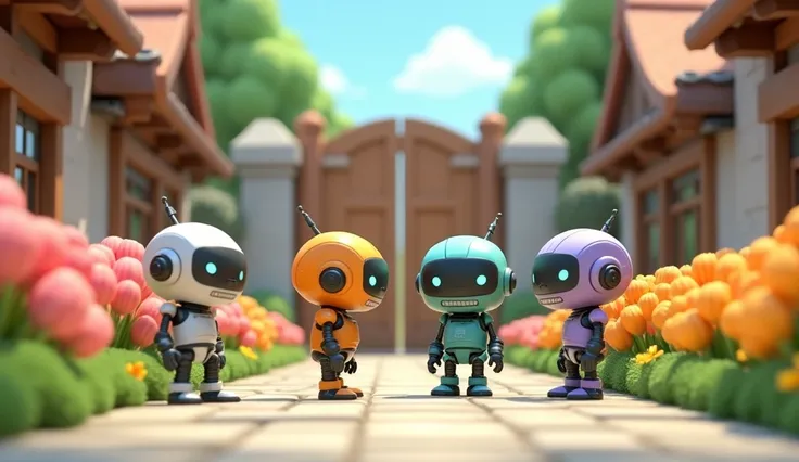 Superman,  robots standing talking on a flowered street, In the distance there is a wooden gate , 3d chibi animation style