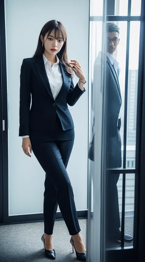 Classy upper-class elite secretary in business shirt, working in an office、(Wearing a chiffon transparent strict business thin suit:1.4), Wearing pantyhose、Wear high-end high heels、 Girl in a shirt, Wearing a business suit, Wearing a business suit, in a bu...