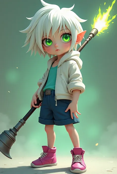 Young boy, height 43", pale white skin, white layered shoulder-length flipped-out bob, big lime-green eyes, bright-green eye-flame, emotionless, navy blue short jean-shorts, light blue tank top, white hoodie, ruby shoes, aiming the Insane Cannon Lance at t...