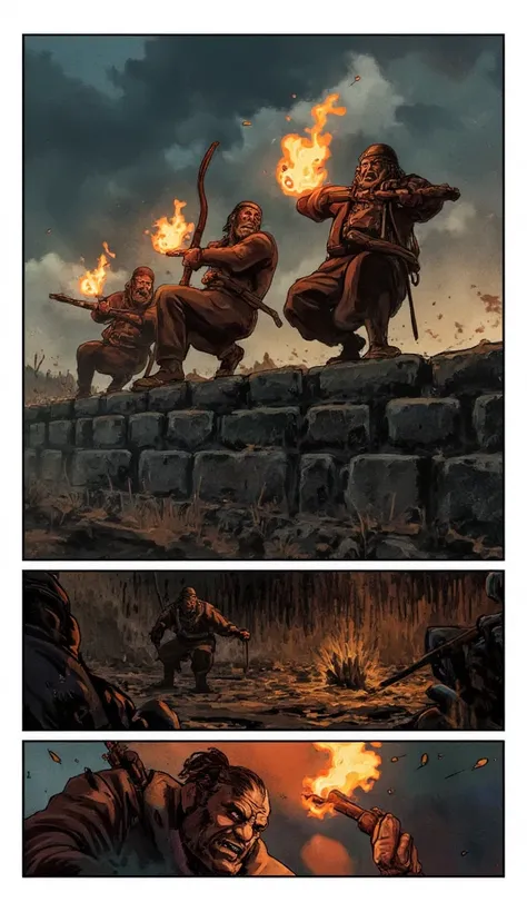 Storyboard, Comic book panel layout with white border, Multi view, Immersive, Go Pro, Action pose, Panels, Medieval era Byzantine soldiers standing on top of a wall shooting flaming arrows with bows outside the walls, defended by the Byzantines, as they fi...