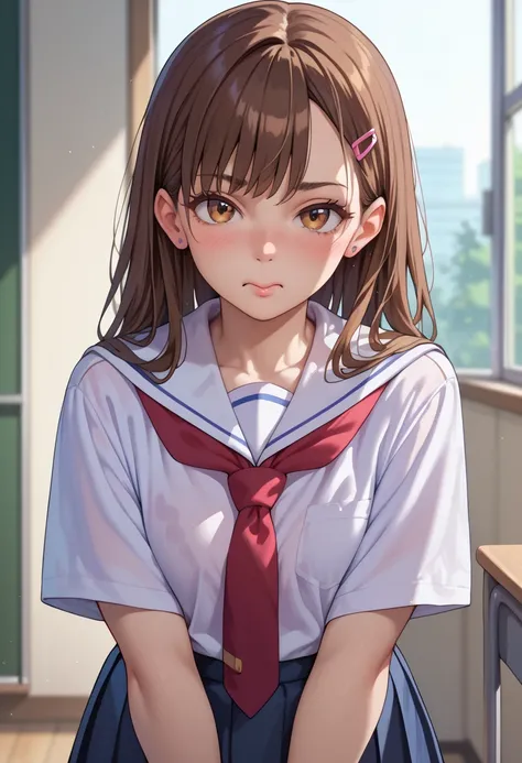 Brown hair, flushed cheeks, school uniform, teenage anime girl, anime school, fat 