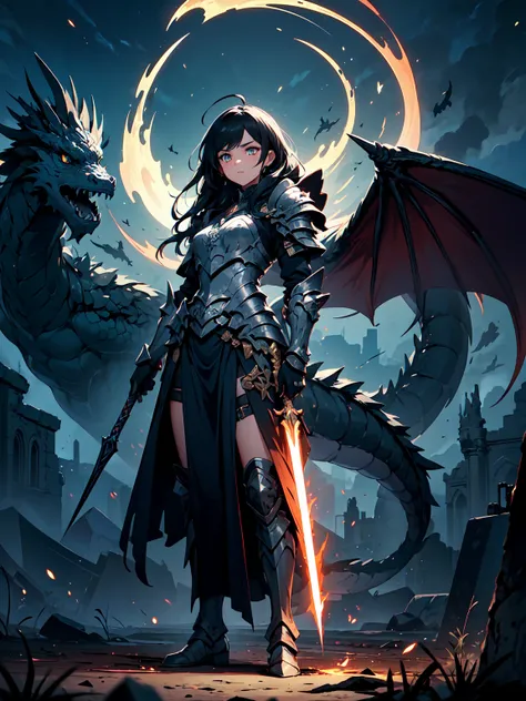 (((masterpiece, best quality, 8k))), female warrior, (full-body), obsidian dragon armor, ethereal glow, long flowing black hair, strands adorned with silver beads, piercing golden eyes, determined expression, standing atop a shattered battlefield, flames a...