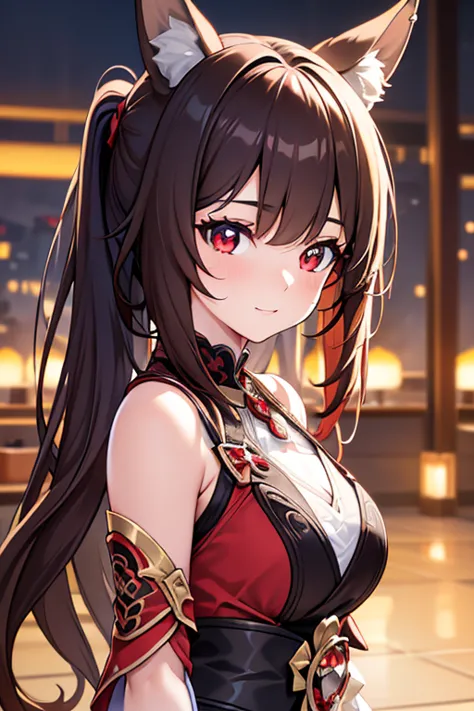 beautiful woman with red eyes, 2 ponytails, long brown hair, fox ears, wearing a beautiful red brown dress, genshin impact style...