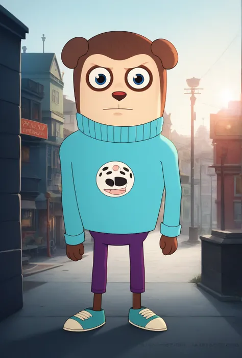 Max wearing a cyan sweater, with larger pupils, dressed in purple pants and matching shoes, digital illustration, vibrant colors, cartoonish style, influenced by Pixar, Studio Ghibli, and Disney, outdoor urban environment, soft light, medium shot, 35mm len...