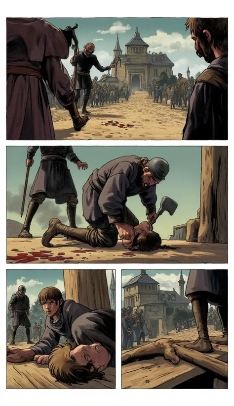 "Storyboard, Comic book panel layout with white border, Multiple views A medieval executioner with a large axe executes by cutting off the head of a peasant who is kneeling, resting his head on a piece of wood, the dramatic scene on a platform is witnessed...