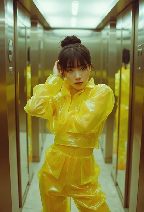 An enthralling photograph of an Korean woman, exuding both grace and fierce determination, as she poses in an elevator with four full-length wall mirrors. She has stylish long black curly hair, blunt bangs, perfecting her look. wearing transparent color PV...