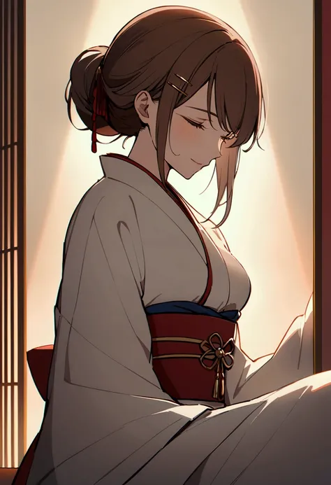 slender, mature female, 1girl, with long brown hair styled in a loose updo, sophisticated , adorned with a gold and red floral hair clip and hanging red tassels. She wears a traditional Japanese kimono, featuring a white top with red stripes, a red obi and...