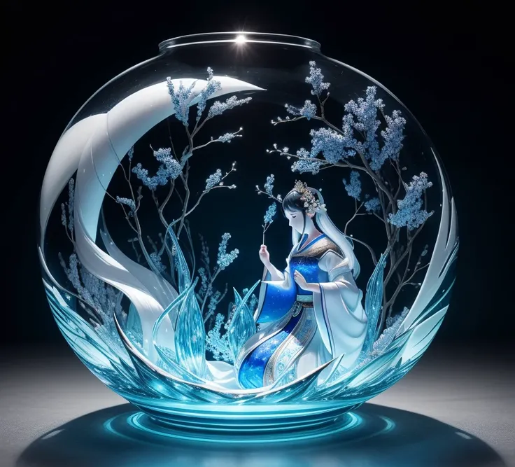  The masterpiece of glass sculpture ，Inside is a beautiful Princess Kaguya，water，The light shines ，Fantastic， High Quality ， high detail， best quality ，，4K，8k，