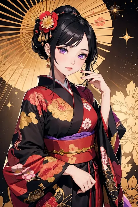 Design an illustration of a black hair and purple eyes beautiful elegant feminine Lady dressed in a traditional Japanese outfit, featuring a black and red kimono with elaborate floral patterns and gold accents. The character should have a serene expression...