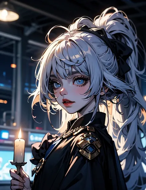 Manga comic style, (happy Horror style :1.3) at night, Dark basement at night, candles,(Rembrandt Lighting:1.4),(Blue lighting),
(Dark night:1.6), (blurry background :1.1),
Organic-mechanical fusion of steampunk female life form, bare shoulder,
Maintains i...