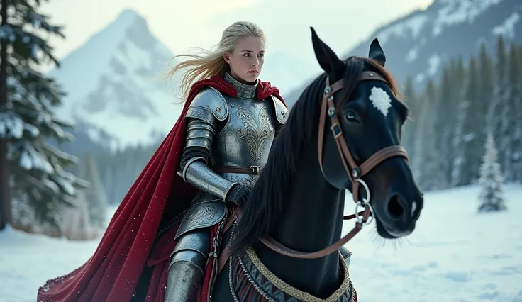 A cinematic scene of a woman in medieval armor, adorned with intricate silver and gold engravings that glimmer subtly in the soft light of an overcast sky. She rides a powerful black warhorse with a thick mane, its breath visible in the cold air. A crimson...