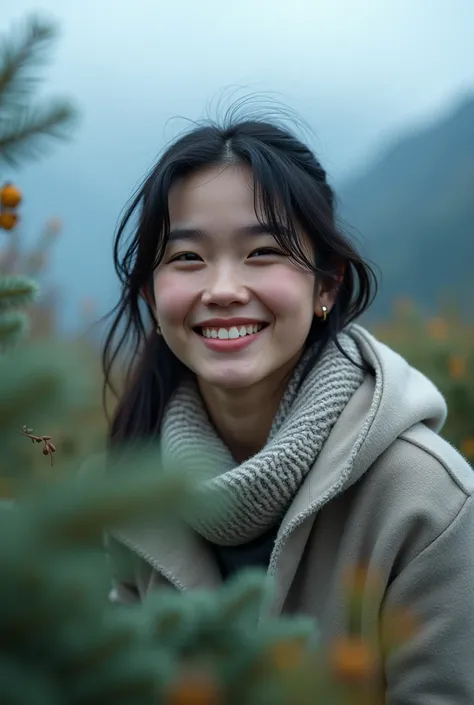 Woman smiling in nature bluish colors wearing cold clothes