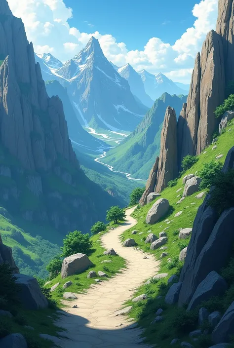  I want you to take a mountain path where its relief is declined and the viewpoint is from above, The lines from the anime cartoon and the mountains are made of rocks 