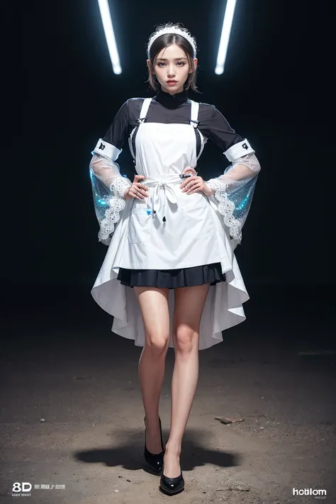 
A futuristic maid outfit with cyberpunk elements, featuring holographic apron details, glowing LED accents, and a sleek nano-fiber material that changes color dynamically. The outfit blends traditional Japanese hakama-inspired pleated skirts with modern e...