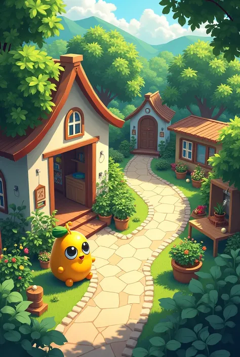  Make me an image of a farm that specializes in trees and plants with a tiled entrance as an entrance with your pet at the top which is a yellow guaiacan tree,  the reception is with transparent windows with subenirs of the plant and tree farm , there are ...