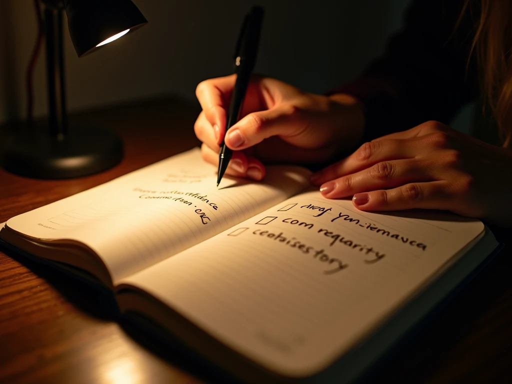 A close-up of hands writing in a journal, illuminated by the soft glow of a desk lamp. The page contains handwritten reflections and a checklist, with keywords like "confidence," "courage," and "growth" subtly visible. The scene feels intimate and motivati...