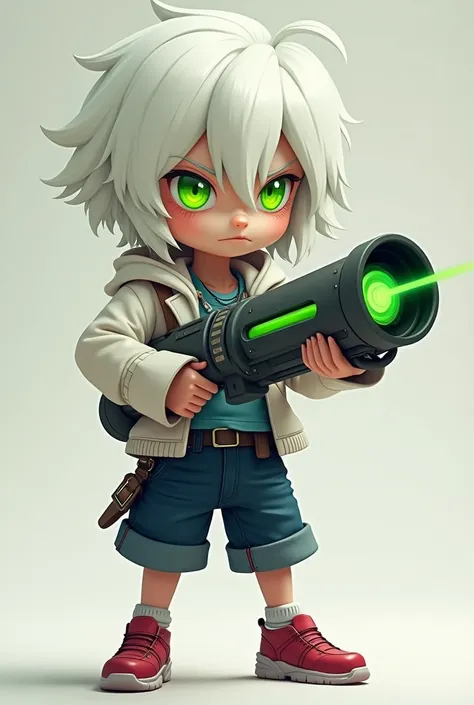 Young boy, height 43", pale white skin, white layered shoulder-length flipped-out bob, big lime-green eyes, bright-green eye-flame, emotionless, navy blue short jean-shorts, light blue tank top, white hoodie, ruby shoes, aiming a massive arm cannon with a ...